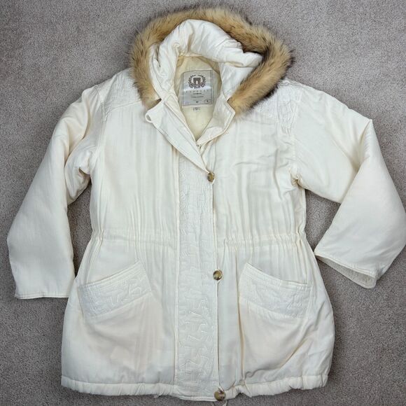 Vintage Express Badger Fur Trim Coat Womens Small Ivory Campagnie Internationale - Picture 1 of 15